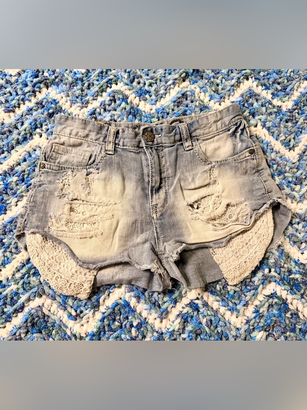 Vanilla Star Light Blue Distressed Denim Shorts with Cream Crochet